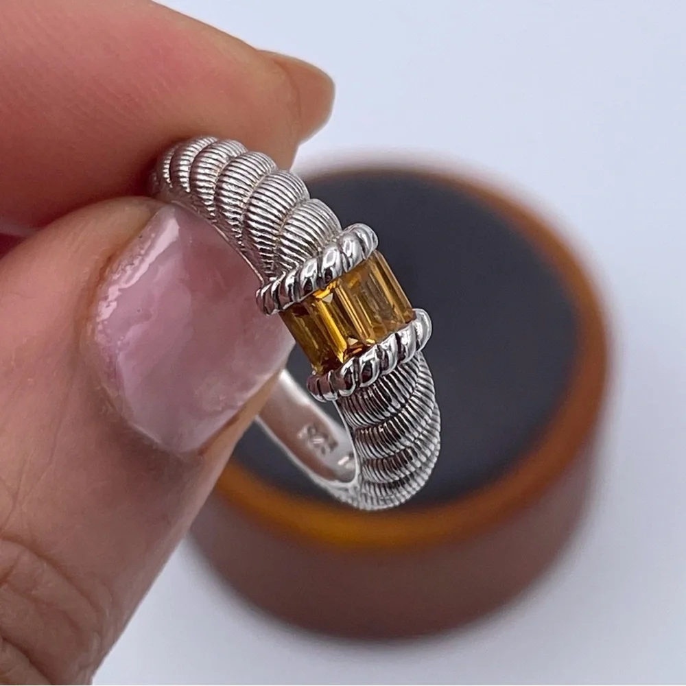 Judith Ripka Sterling Silver 925 Textured Ring Citrine Baguette Rhodium Plated